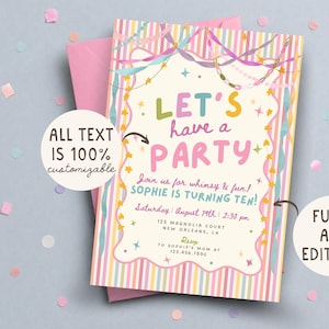 Colorful Whimsical Fun Girl Birthday Invitation, Pastel Birthday Invite, Girly Striped Party, Any Age, Editable Canva Template, PS250 image 4