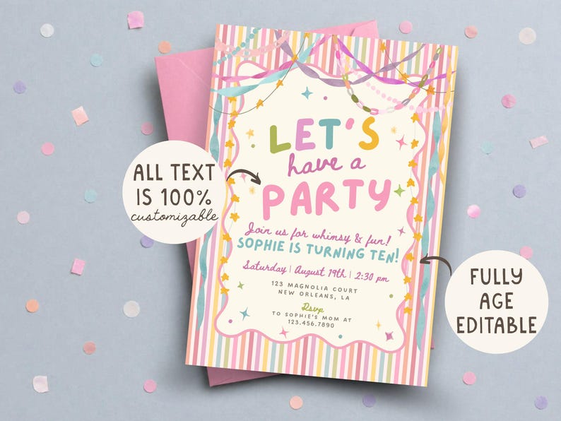 Colorful Whimsical Fun Girl Birthday Invitation, Pastel Birthday Invite, Girly Striped Party, Any Age, Editable Canva Template, PS250 image 4