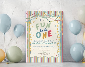 Puede incluir: Una tarjeta de invitación de cumpleaños rectangular con un borde de rayas verticales de colores y un centro de color crema. El texto dice "FUN to be ONE", "Join us for cake & fun! MASON IS TURNING 1!", "Saturday August 19th | 2:30 pm" y detalles de dirección.