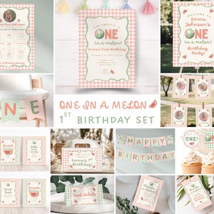 May include: A collection of party decorations with a watermelon theme. Includes invitations, banners, cupcake toppers, and signs with a pink and green gingham pattern. The text "One in a melon" and "Happy Birthday" are visible.