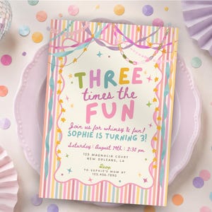 May include: A rectangular birthday invitation card featuring a pastel striped border, colorful streamers, and stars. The text reads: THREE times the FUN, Join us for whimsy & fun! SOPHIE IS TURNING 3!, Saturday August 19th 2:30 pm, 123 MAGNOLIA COURT.
