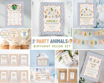 Ensemble de décorations d'anniversaire fêtards, lot d'anniversaire bleu rétro, décorations de fête animaux sauvages pour enfants, anniversaire à thème musical, modèles de toile