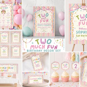 Two Much Fun Whimsical Girl 2nd Birthday Bundle, Colorful Pastel Party Decorations, Second Birthday Decor, Editable Canva Templates, PS250