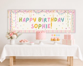 Bannière de fond colorée et fantaisiste pour anniversaire de fille, décoration d'anniversaire pastel, bannière de fête à rayures girly, tous âges, modèle Canva modifiable, PS250