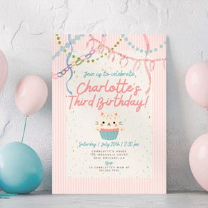 Pastel Cat Birthday Invitation Girl, Pink Whimsical Kitty Party Invite, Coquette Watercolor Cat Invitation, Editable Canva Template image 5