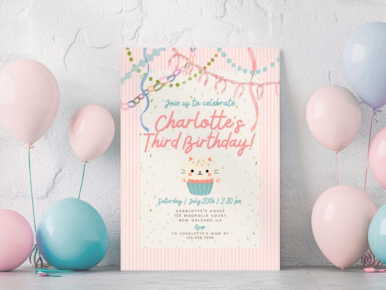 Pastel Cat Birthday Invitation Girl, Pink Whimsical Kitty Party Invite, Coquette Watercolor Cat Invitation, Editable Canva Template image 5