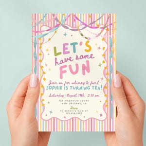 Colorful Whimsical Fun Girl Birthday Invitation, Pastel Birthday Invite, Girly Striped Party, Any Age, Editable Canva Template, PS250 image 8