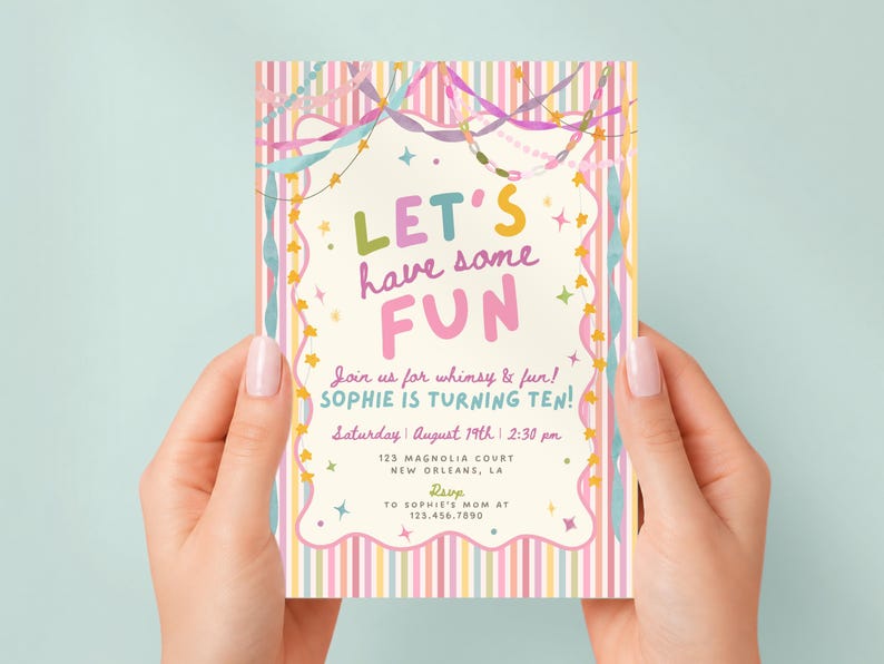 Colorful Whimsical Fun Girl Birthday Invitation, Pastel Birthday Invite, Girly Striped Party, Any Age, Editable Canva Template, PS250 image 8