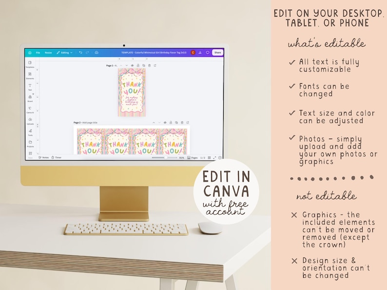 Étiquette cadeau d'anniversaire colorée et fantaisiste pour fille, décoration d'anniversaire pastel, étiquette cadeau à rayures girly, tous âges, modèle Canva modifiable, 250 PS image 5