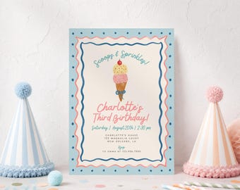 Invitación de cumpleaños con temática de helado para niña, Invitación de cumpleaños "Aquí está la primicia", Fiesta de heladería con chispas vintage, Plantilla editable de Canva