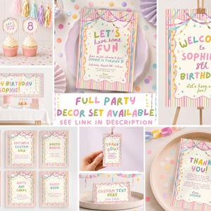 Colorful Whimsical Fun Girl Birthday Invitation, Pastel Birthday Invite, Girly Striped Party, Any Age, Editable Canva Template, PS250 image 3