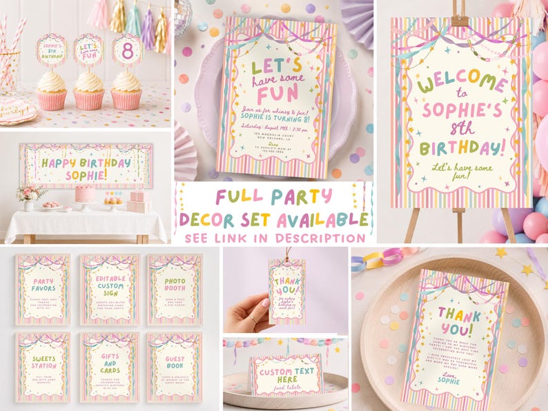 Colorful Whimsical Fun Girl Birthday Invitation, Pastel Birthday Invite, Girly Striped Party, Any Age, Editable Canva Template, PS250 image 3