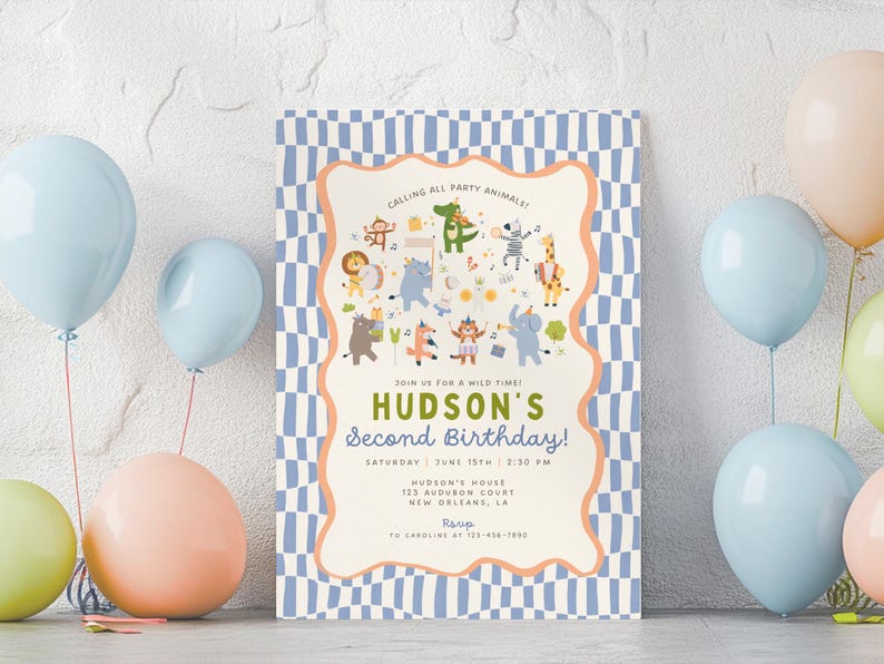 Party Animals Birthday Invitation, Wild Animal Kids Birthday, Musical Animals Theme, Two Wild Birthday Party Invite, Editable Canva Template Bild 1
