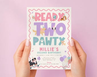 Ready Two Pawty Birthday Invitation Girl, Dog 2nd Birthday Invite, Puppy Party Invitation, Editable Canva Template, Girl Second Birthday