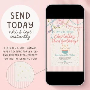 Pastel Cat Birthday Invitation Girl, Pink Whimsical Kitty Party Invite, Coquette Watercolor Cat Invitation, Editable Canva Template image 4