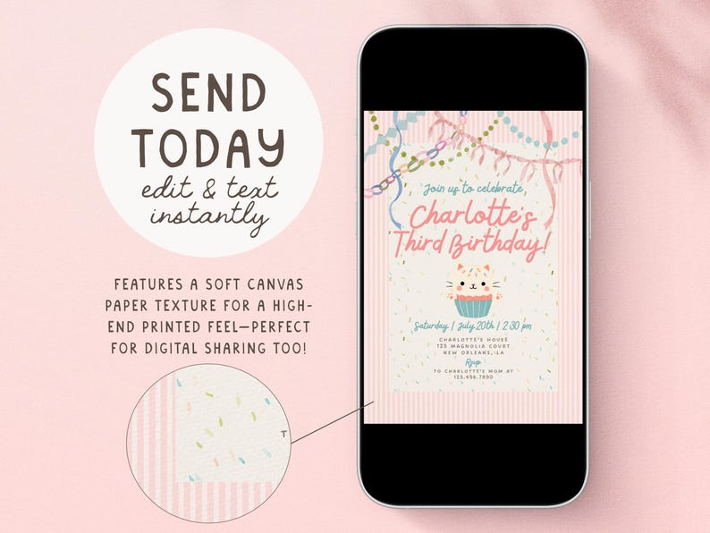 Pastel Cat Birthday Invitation Girl, Pink Whimsical Kitty Party Invite, Coquette Watercolor Cat Invitation, Editable Canva Template image 4