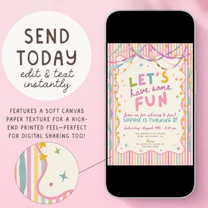 Colorful Whimsical Fun Girl Birthday Invitation, Pastel Birthday Invite, Girly Striped Party, Any Age, Editable Canva Template, PS250 image 7