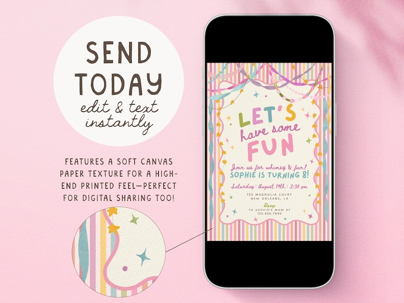 Colorful Whimsical Fun Girl Birthday Invitation, Pastel Birthday Invite, Girly Striped Party, Any Age, Editable Canva Template, PS250 image 7