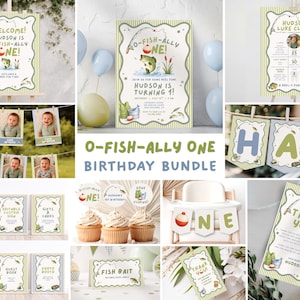 O-Fish-Ally 1歳の誕生日バンドル、釣り1歳の誕生日デコレーション、Ofishally One パーティーデコレーション、男の子の1歳の誕生日、編集可能なCanvaテンプレート、PS145