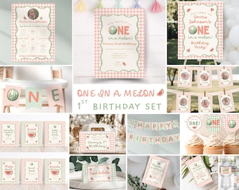 Lot de premier anniversaire pastèque, décorations de fête un dans un melon, kit de décoration 1er anniversaire de fille, pique-nique d'été, modèle de toile modifiable