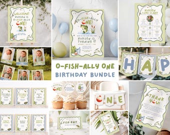 Lot un anniversaire O-Fish-Ally, décorations de pêche pour 1er anniversaire, décoration de fête Ofishally une, premier anniversaire de garçon, modèle de toile modifiable
