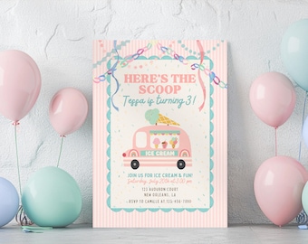 Here’s The Scoop Ice Cream Girl Birthday Invitation, Ice Cream Truck Party Invite, Pastel Retro Summer Birthday, Editable Canva Template