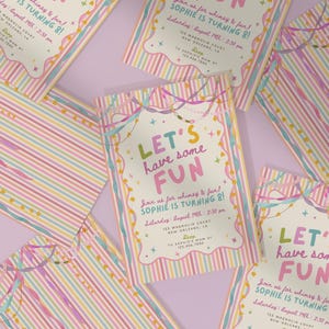 Colorful Whimsical Fun Girl Birthday Invitation, Pastel Birthday Invite, Girly Striped Party, Any Age, Editable Canva Template, PS250 image 9