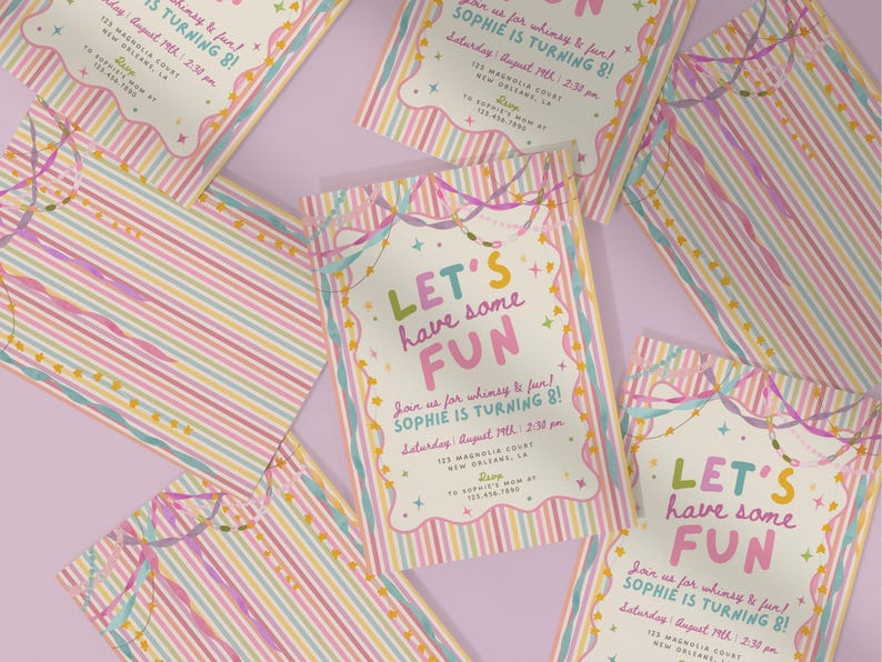 Colorful Whimsical Fun Girl Birthday Invitation, Pastel Birthday Invite, Girly Striped Party, Any Age, Editable Canva Template, PS250 image 9