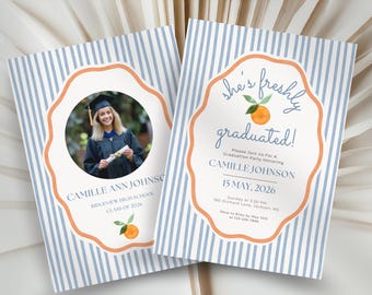 Graduation Invitation Template with Photo, She’s Freshly Graduated Invite, Orange Blue Grad Party, Editable Canva, Class of 2026