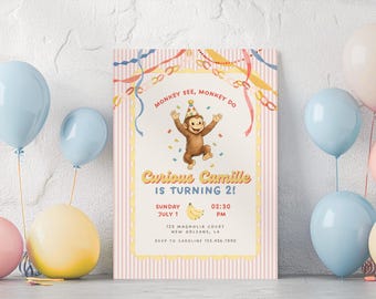 Faire-part d'anniversaire rose singe curieux, tout âge, 1er 2e 3e singe fête inviter, invitation de fête d'anniversaire banane, modèle de toile modifiable