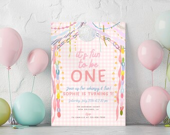 Faire-part d'anniversaire pour fille, guirlande disco rose, 1er anniversaire Vichy pastel, modèle de toile modifiable, PS135