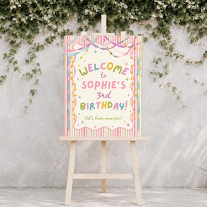 Étiquette cadeau d'anniversaire colorée et fantaisiste pour fille, décoration d'anniversaire pastel, étiquette cadeau à rayures girly, tous âges, modèle Canva modifiable, 250 PS image 9
