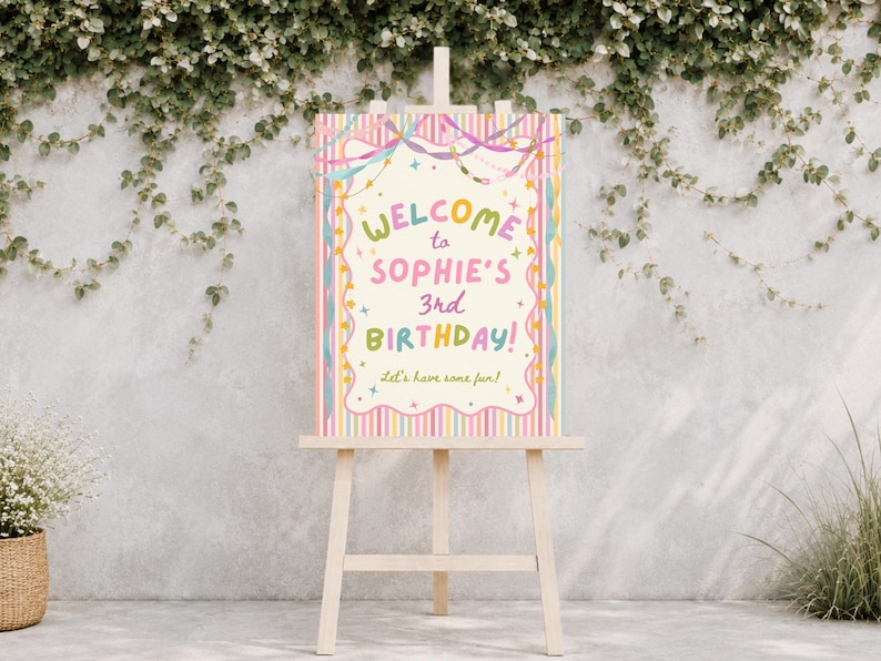 Étiquette cadeau d'anniversaire colorée et fantaisiste pour fille, décoration d'anniversaire pastel, étiquette cadeau à rayures girly, tous âges, modèle Canva modifiable, 250 PS image 9