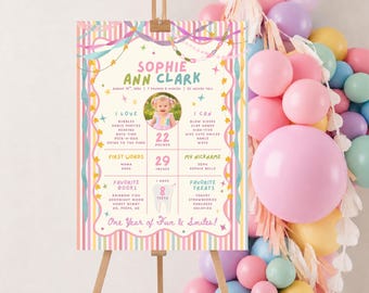 Affiche colorée et fantaisiste pour l'anniversaire d'une fille (1er, 2e, 3e anniversaire), décoration pastel, modèle Canva modifiable, 250 PS