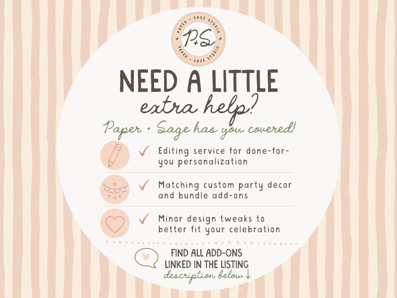 The image is a circular advertisement for a paper and sage service, featuring a list of services and a logo.