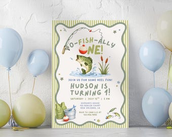 O-Fish-Ally One Birthday Invitation, Fishing 1st Birthday Invite, Ofishally Boy Bday, Fisherman Party Invite, Editable Canva Template, PS145