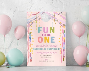 Pastel Disco Fun To Be One Girl 1st Birthday Invitation, Whimsical Retro First Party Invite, Paper Chain Garland, Editable Canva Template