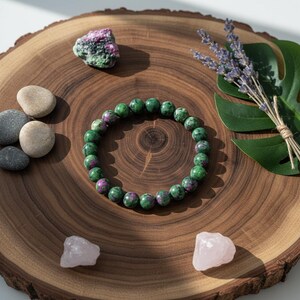 Bracelet en perles de zoisite rubis | Bijoux de guérison en pierres précieuses naturelles | Cadeau de yoga en cristal extensible