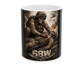 68W Medic Skull Ceramic Mug – Military Combat Scene Graphic Gift