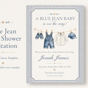 Könnte beinhalten: Eine Babyparty-Einladungsvorlage mit blauem Streifenrand und einer Wäscheleinen-Illustration mit blauen Turnschuhen, Jeanslatzhose, weißem Hemd und blauer Kappe. Der Text lautet: A BLUE JEAN BABY is on the way! Jonah James, Samstag, 20. September um 14 Uhr.