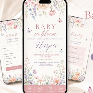 Può includere: Un modello di sito web per baby shower ottimizzato per dispositivi mobili con illustrazioni floreali in rosa, blu e lavanda. L'interfaccia digitale mostra testo tra cui Baby in bloom, Harper, RSVP e Registry, con icone di navigazione.