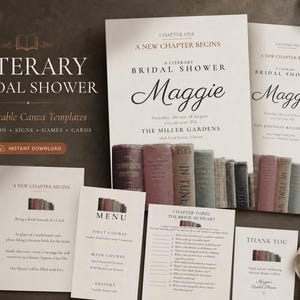 Literair bruidsdouche megapakket: complete evenementdecoratie, briefpapier, Canva-kit, vintage boekenthema, bruiloftsspelletjes, borden, uitnodiging.