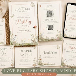 Op de afbeelding: Een baby shower briefpapier set met een insectenthema, voorzien van aquarelillustraties van wilde bloemen en paddenstoelen. De set bevat uitnodigingen, RSVP-kaarten, cadeaulijstkaarten, bedankkaartjes en loterijkaarten met tekst.