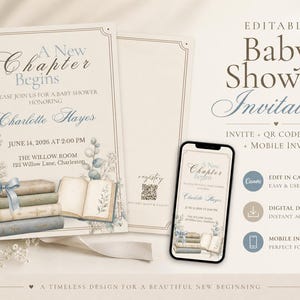 Op de afbeelding: Een uitnodiging voor een babyshower met een zacht, neutraal kleurenpalet. Het ontwerp bevat de tekst "A New Chapter Begins" en details voor het evenement. Een stapel boeken en bloemaccenten voegen een delicate touch toe.