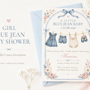 Könnte beinhalten: Eine Babyparty-Einladungskarte mit einer Aquarellillustration von Babykleidung an einer Wäscheleine, darunter ein Kleid, eine kurze Hose, ein Body und Schuhe. Der Text lautet A LITTLE BLUE JEAN BABY is on the way, zu Ehren von Karina.