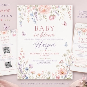 Può includere: Un set di inviti per baby shower con un design floreale. L'invito, la cartolina RSVP e l'invito mobile presentano il testo "Baby in Bloom" e "Harper". Il design include farfalle e fiori in tenui tonalità di rosa, viola e blu.