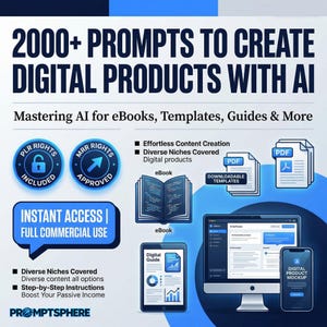 May include: Graphic promoting digital product creation with AI. Text reads "2000+ PROMPTS TO CREATE DIGITAL PRODUCTS WITH AI". Includes icons for eBooks, templates, and guides. Features "PLR Rights Included" and "MRR Rights Approved" badges.