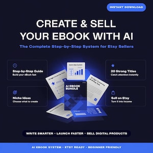 May include: A dark blue graphic with the text "CREATE & SELL YOUR EBOOK WITH AI" and "The Complete Step-by-Step System for Etsy Sellers." The image includes icons and text about creating and selling ebooks.