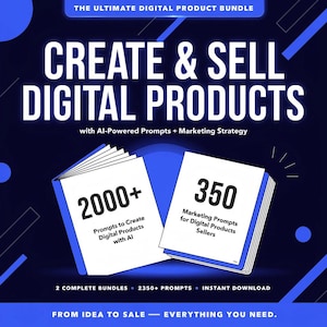 Puede incluir: Anuncio de un paquete de productos digitales sobre un fondo azul oscuro. Se muestra el texto "CREATE & SELL DIGITAL PRODUCTS". Se muestran dos pilas de libros, una con "2000+" y otra con "350". El texto "FROM IDEA TO SALE - EVERYTHING YOU NEED" está en la parte inferior.