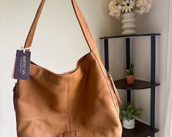 Bolso de mano Virginia Hobo de American Leather Co., bolso de mano de cuero genuino suave como la mantequilla color tostado, nuevo con etiquetas.